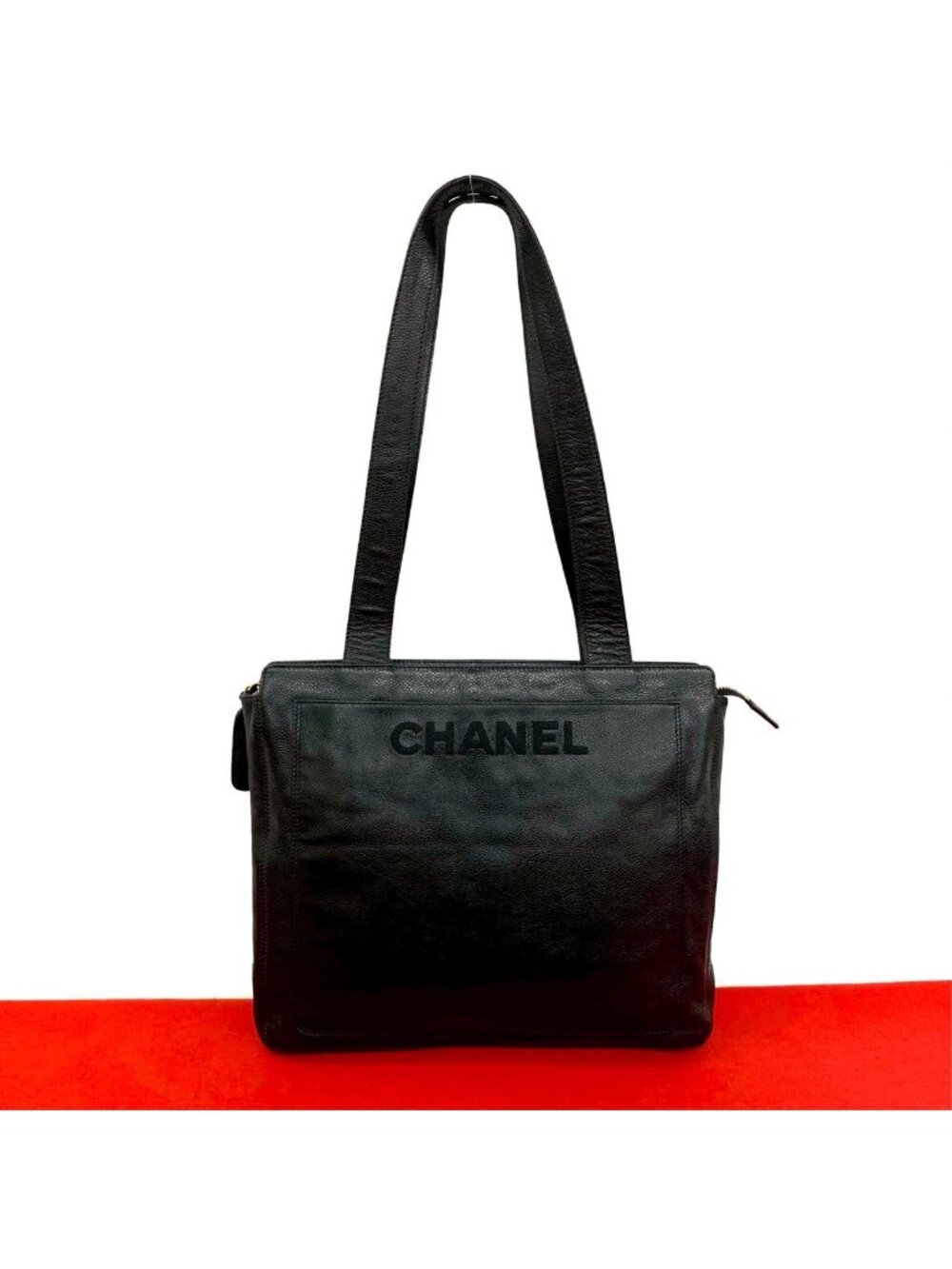 Chanel Logo Caviar Leather Tote Shoulder Bag Black